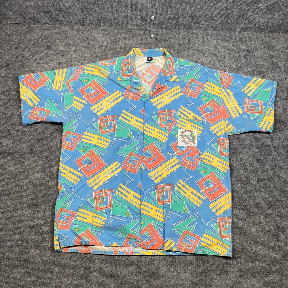 Vintage Dead Center Mens Abstract Geometric Shirt M Blue 80s Beach Patrol USA